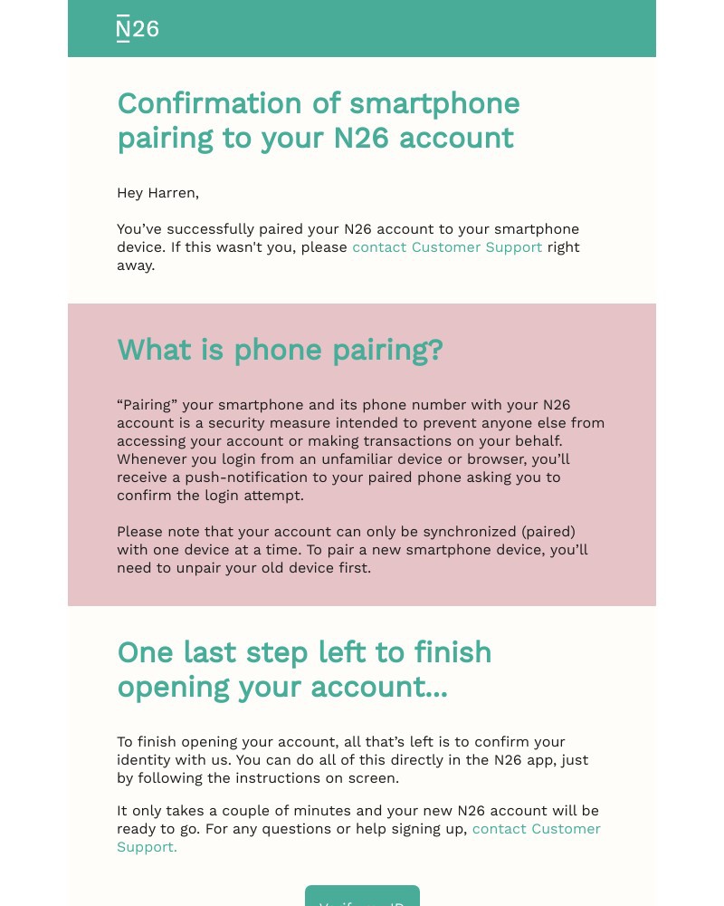 Screenshot of email sent to a N26 Registered user