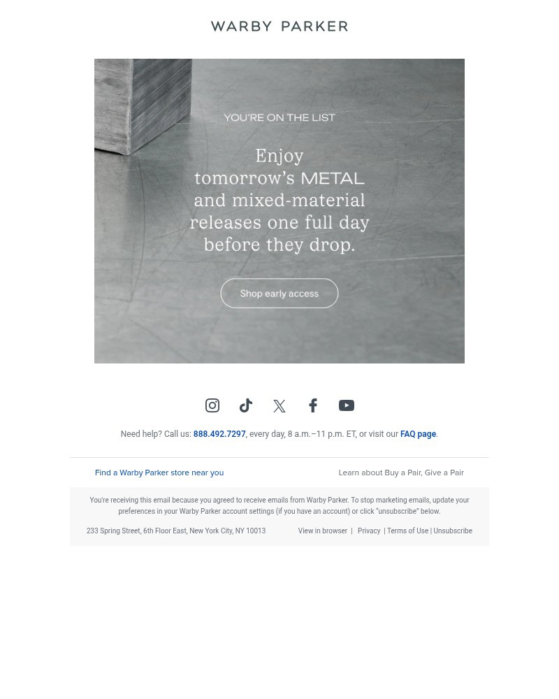 Screenshot of email sent to a Warby Parker Newsletter subscriber