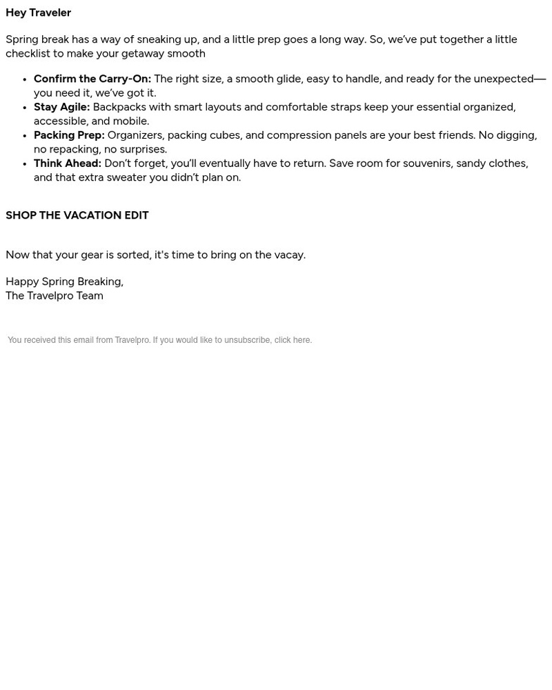 Screenshot of email sent to a Travelpro Newsletter subscriber
