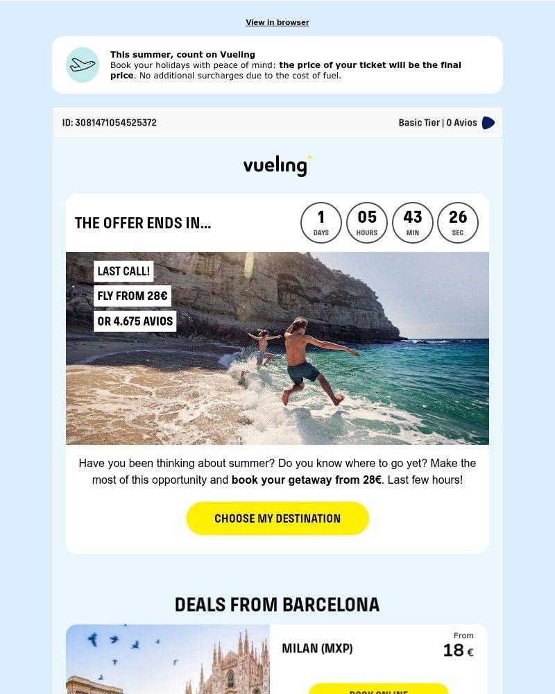 Screenshot of email sent to a Vueling Registered user