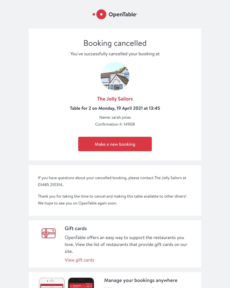 Screenshot of email sent to a OpenTable Registered user