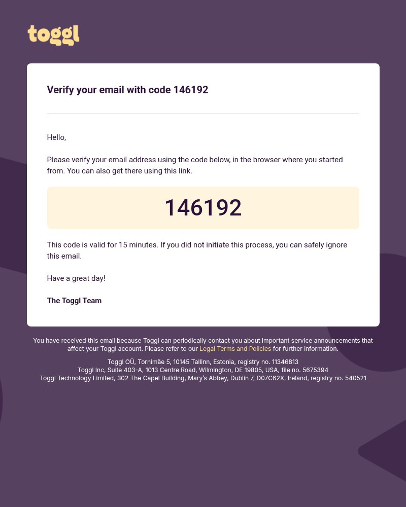 Screenshot of email sent to a Toggl Track Registered user