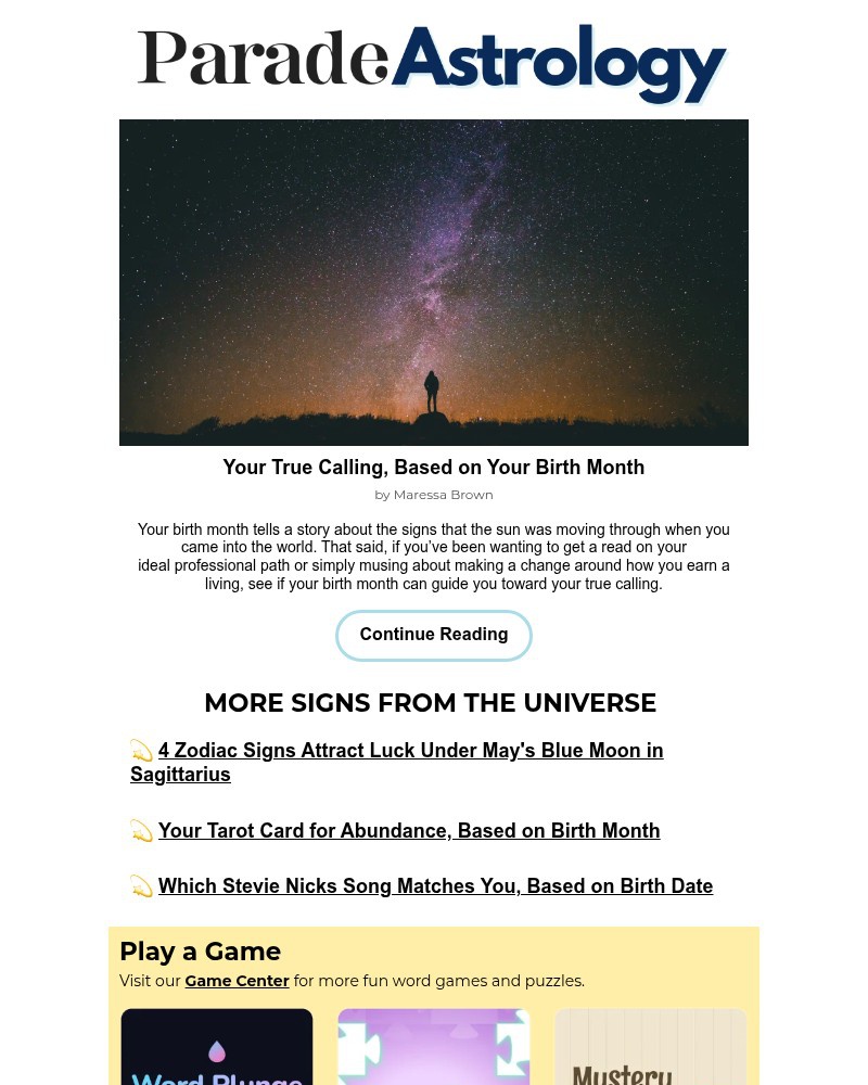 Screenshot of email sent to a Parade Newsletter subscriber