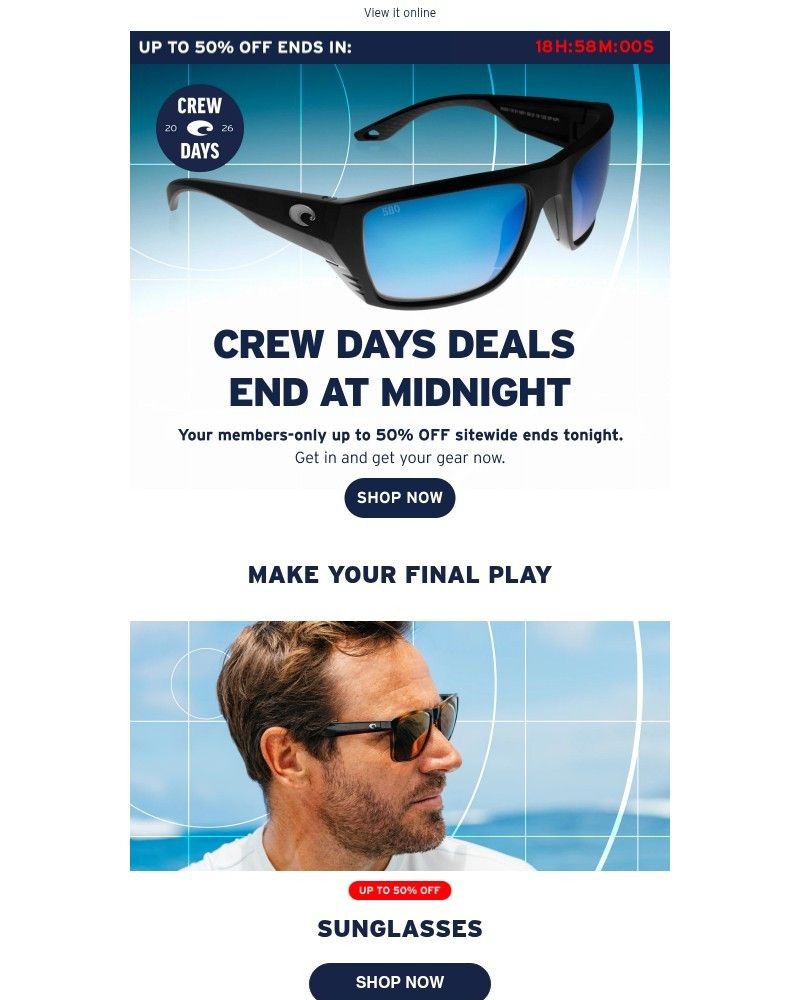 Screenshot of email sent to a Costa del Mar Newsletter subscriber