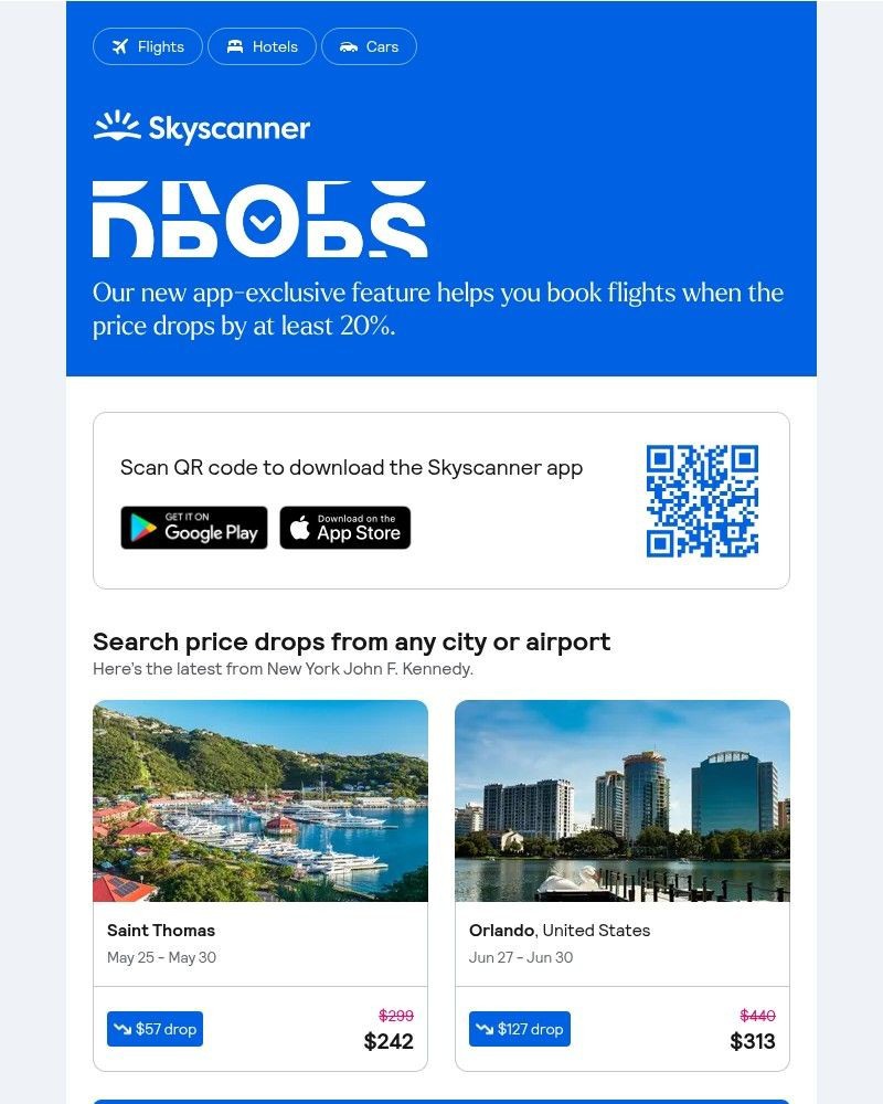 Screenshot of email sent to a Skyscanner Registered user