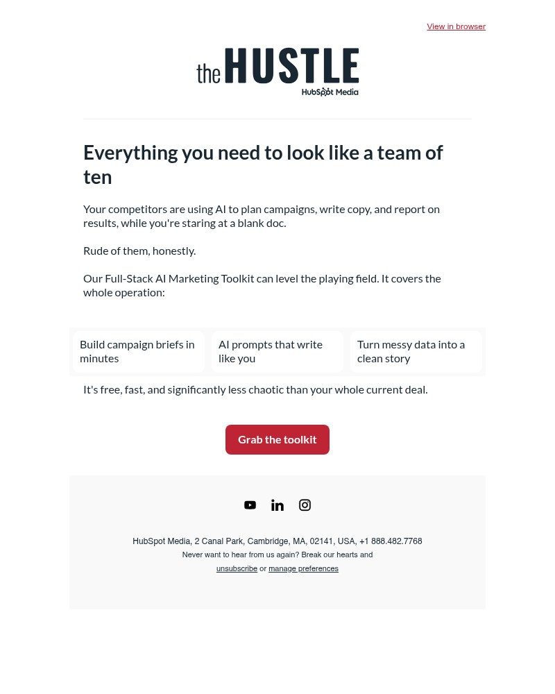 Screenshot of email sent to a The Hustle Newsletter subscriber