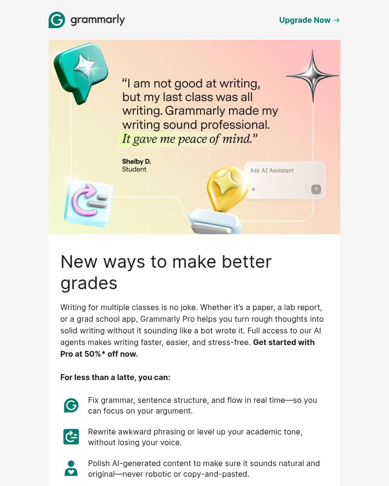Screenshot of email sent to a Grammarly Registered user