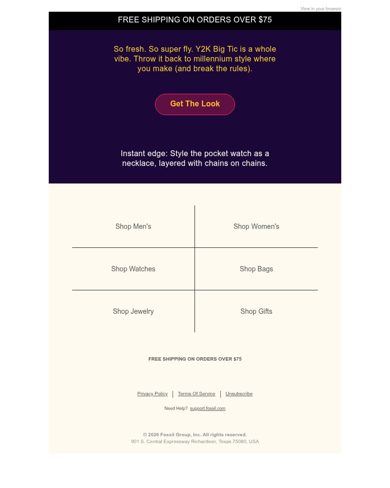 Screenshot of email sent to a Fossil Newsletter subscriber