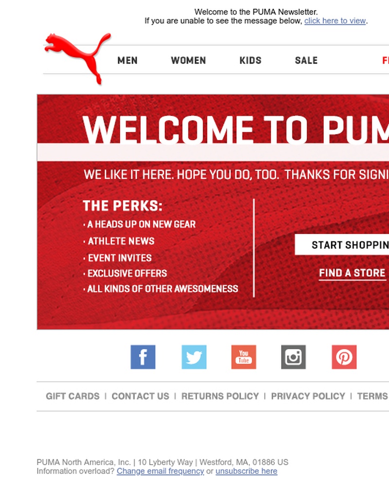 Screenshot of email sent to a Puma Newsletter subscriber