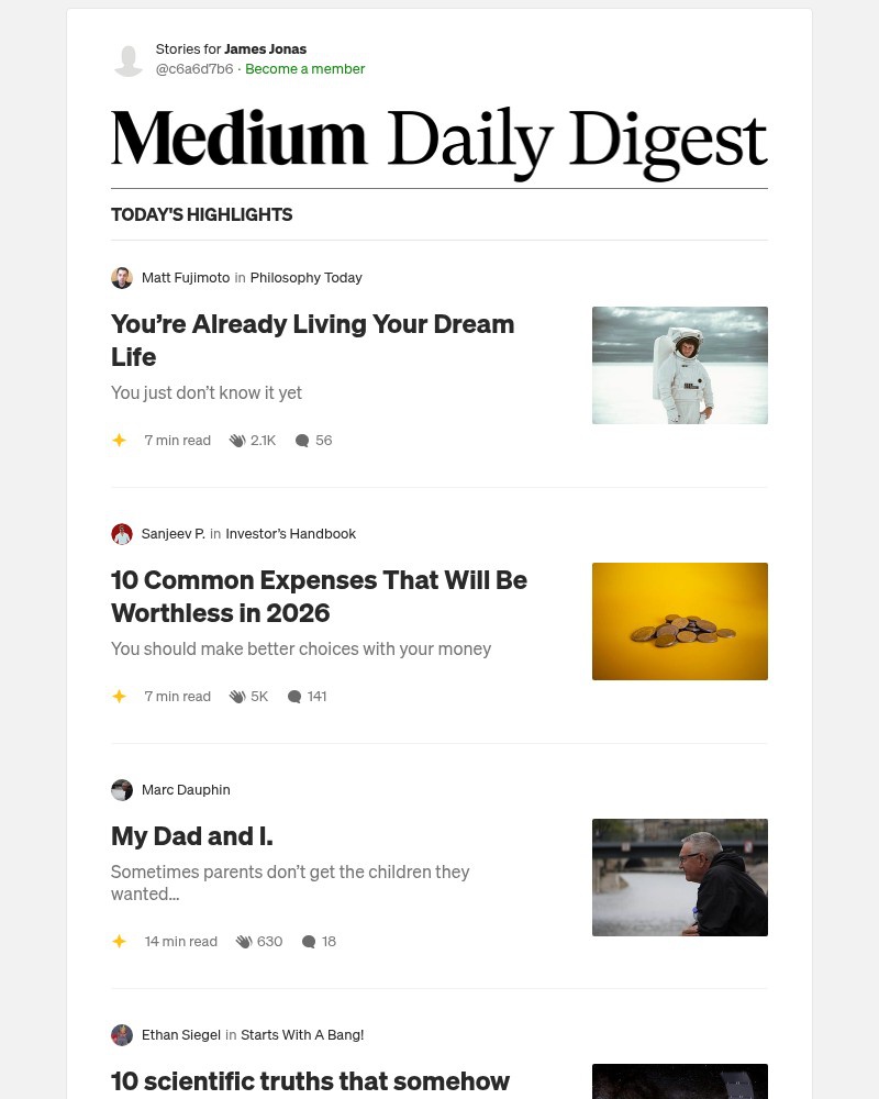 Screenshot of email sent to a Medium Registered user