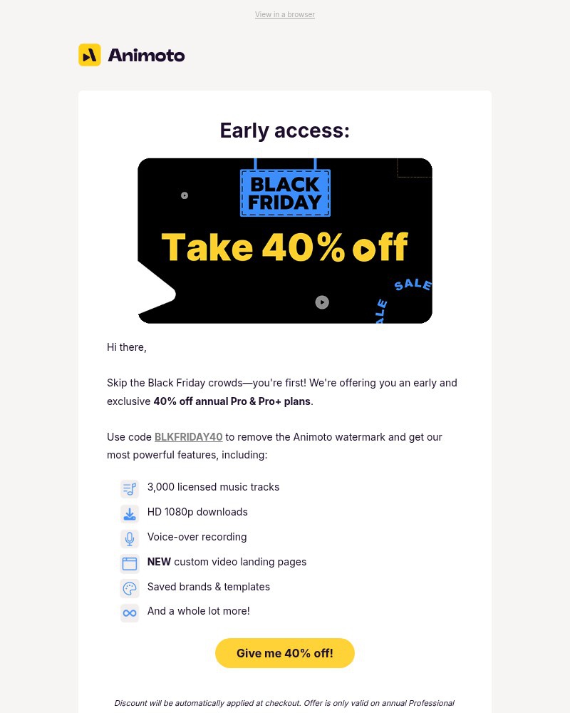 Screenshot of email sent to a Animoto Registered user