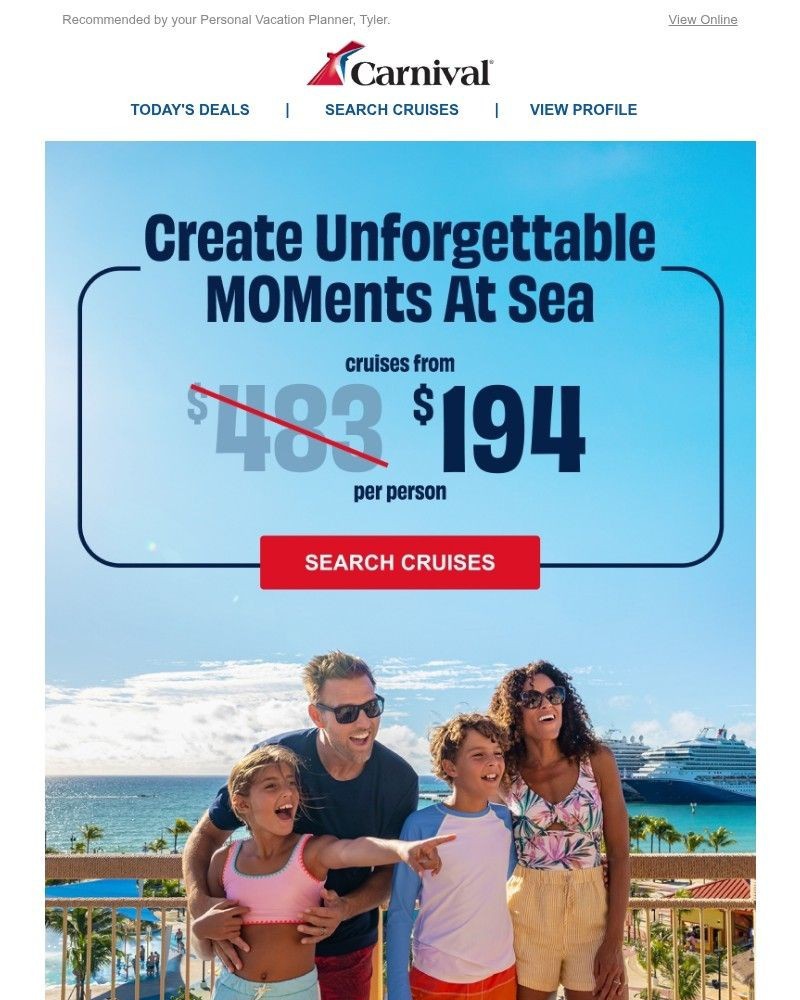 Screenshot of email sent to a Carnival Cruise Line Registered user