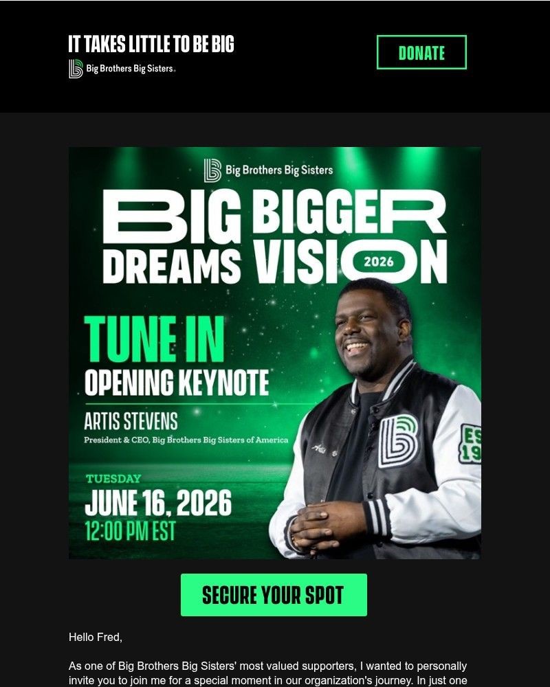 Screenshot of email sent to a Big Brothers Big Sisters of America Newsletter subscriber
