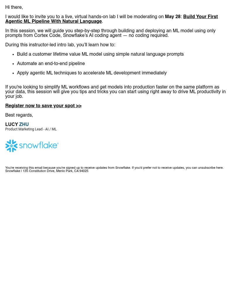 Screenshot of email sent to a Snowflake Newsletter subscriber