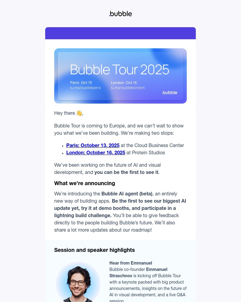 Screenshot of email with subject /media/emails/youre-invited-to-bubble-tour-be-the-first-to-try-our-new-ai-features-7ef600-cropp_JbHKCOt.jpg