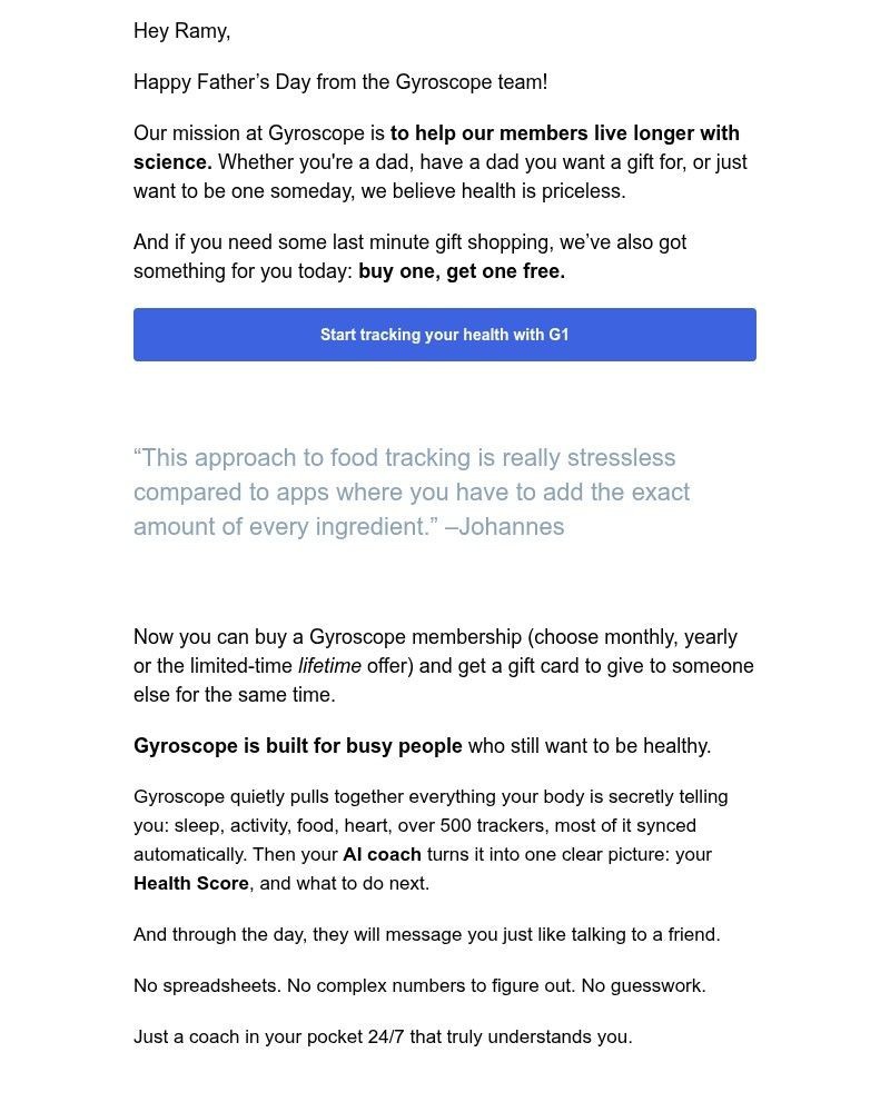 Screenshot of email sent to a Gyroscope Registered user