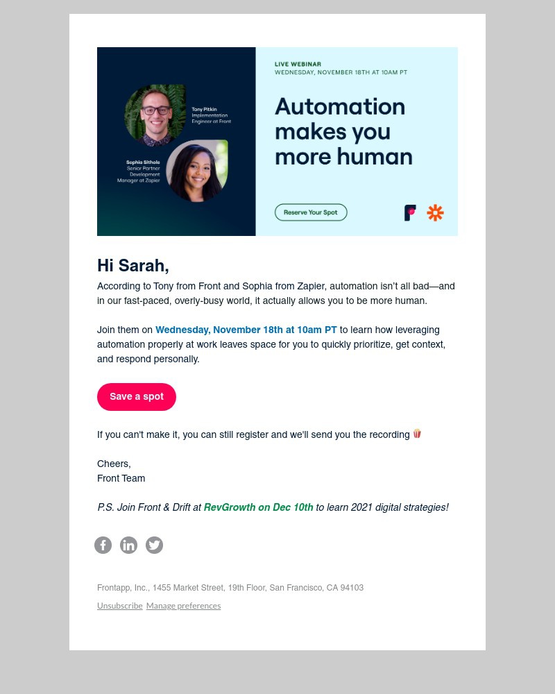 Screenshot of email with subject /media/emails/youre-invited-webinar-front-zapier-how-automation-makes-you-more-human-45b0f0-cro_SEOf8ti.jpg