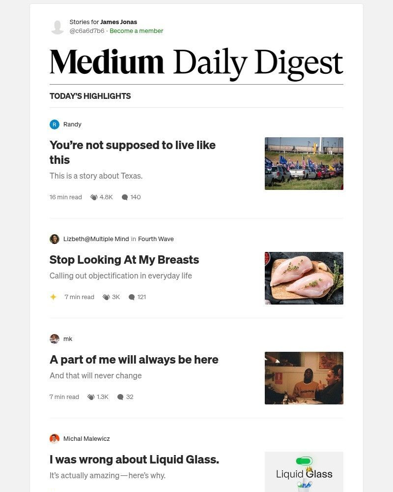 Screenshot of email sent to a Medium Registered user