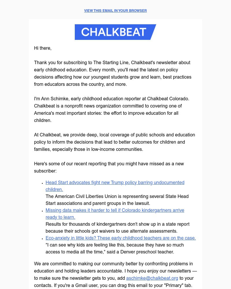 Screenshot of email sent to a Chalkbeat Newsletter subscriber
