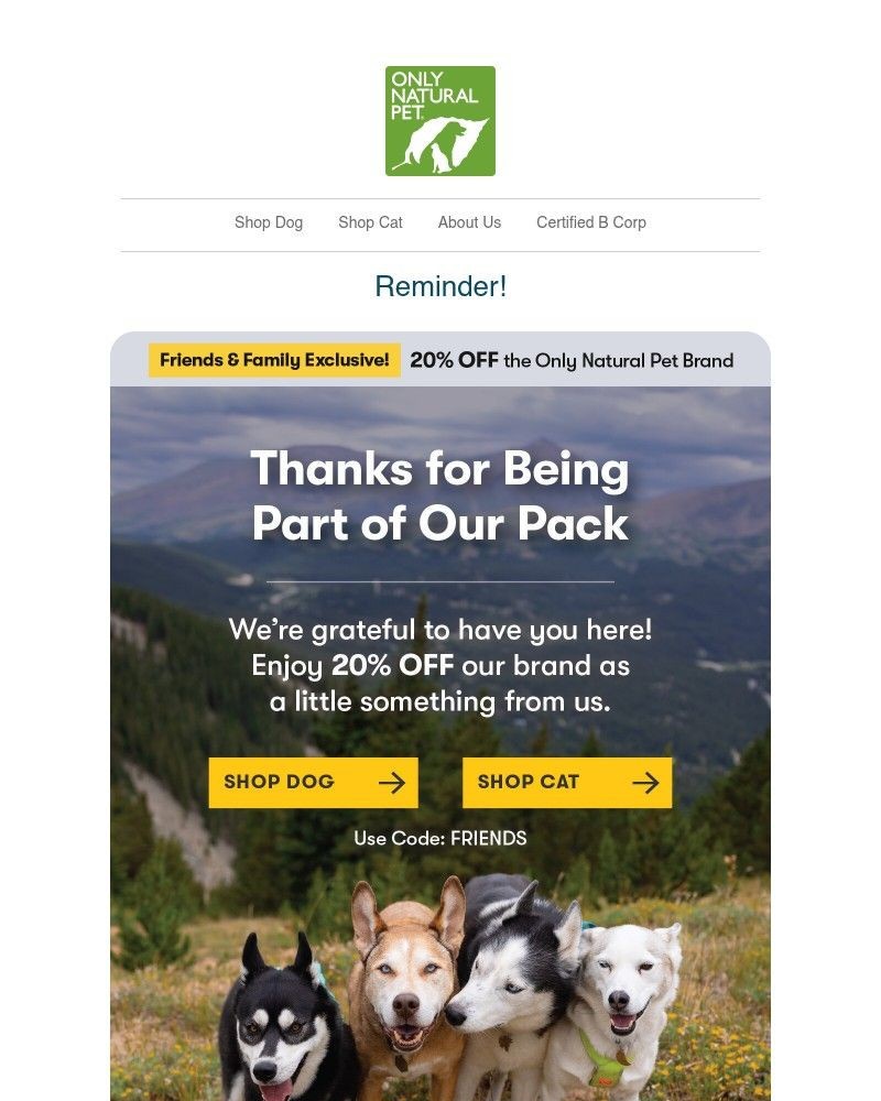 Screenshot of email sent to a Only Natural Pet Newsletter subscriber