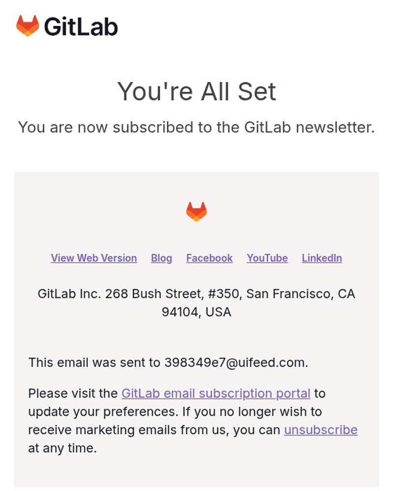 Screenshot of email sent to a GitLab Newsletter subscriber