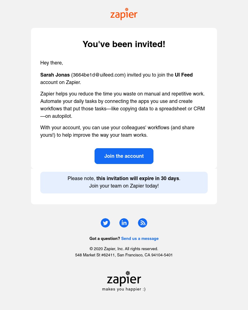 Screenshot of email sent to a Zapier Invited user