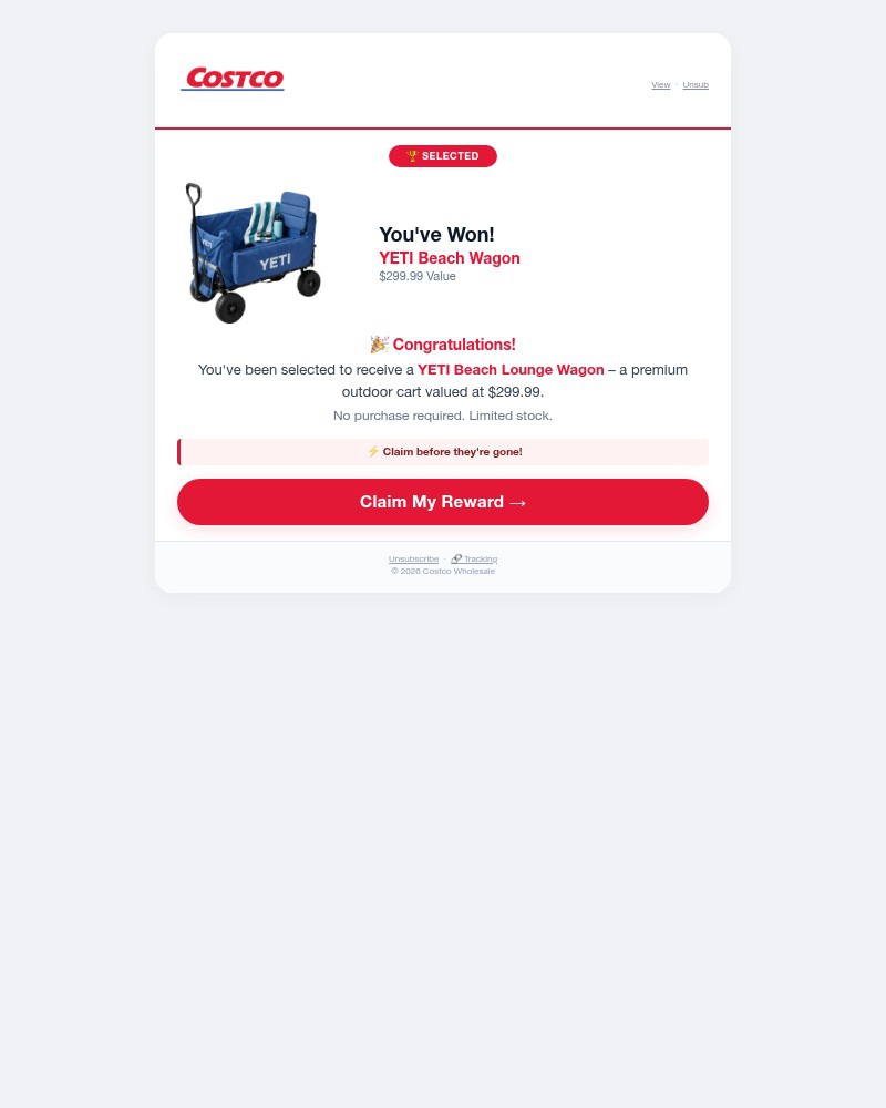 Screenshot of email with subject /media/emails/youve-been-selected-for-a-yeti-beach-lounge-wagon-costco-f81e6a-cropped-19418a6f.jpg