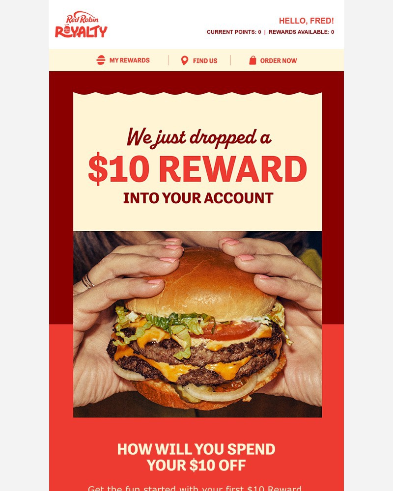 Screenshot of email sent to a Red Robin Registered user