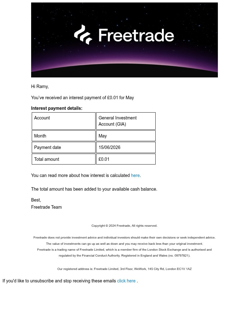 Screenshot of email sent to a Freetrade Registered user