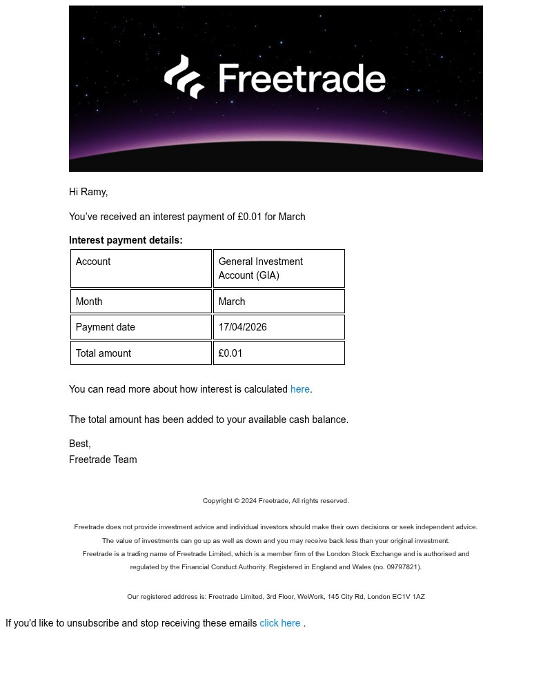 Screenshot of email sent to a Freetrade Registered user