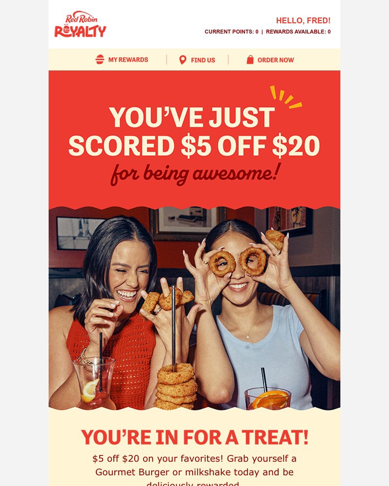 Screenshot of email sent to a Red Robin Registered user